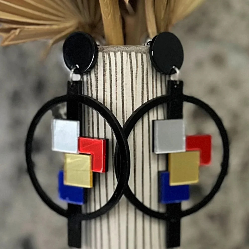 2/$30šµ Mirrored Acrylic Pop Art Earrings Geo Square Circle Color Block Mosaic - Picture 7 of 10